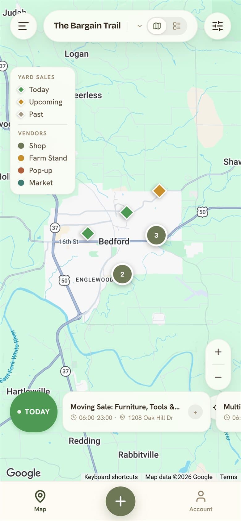 The Bargain Trail map with green, amber and grey sale pins around Bedford, Indiana