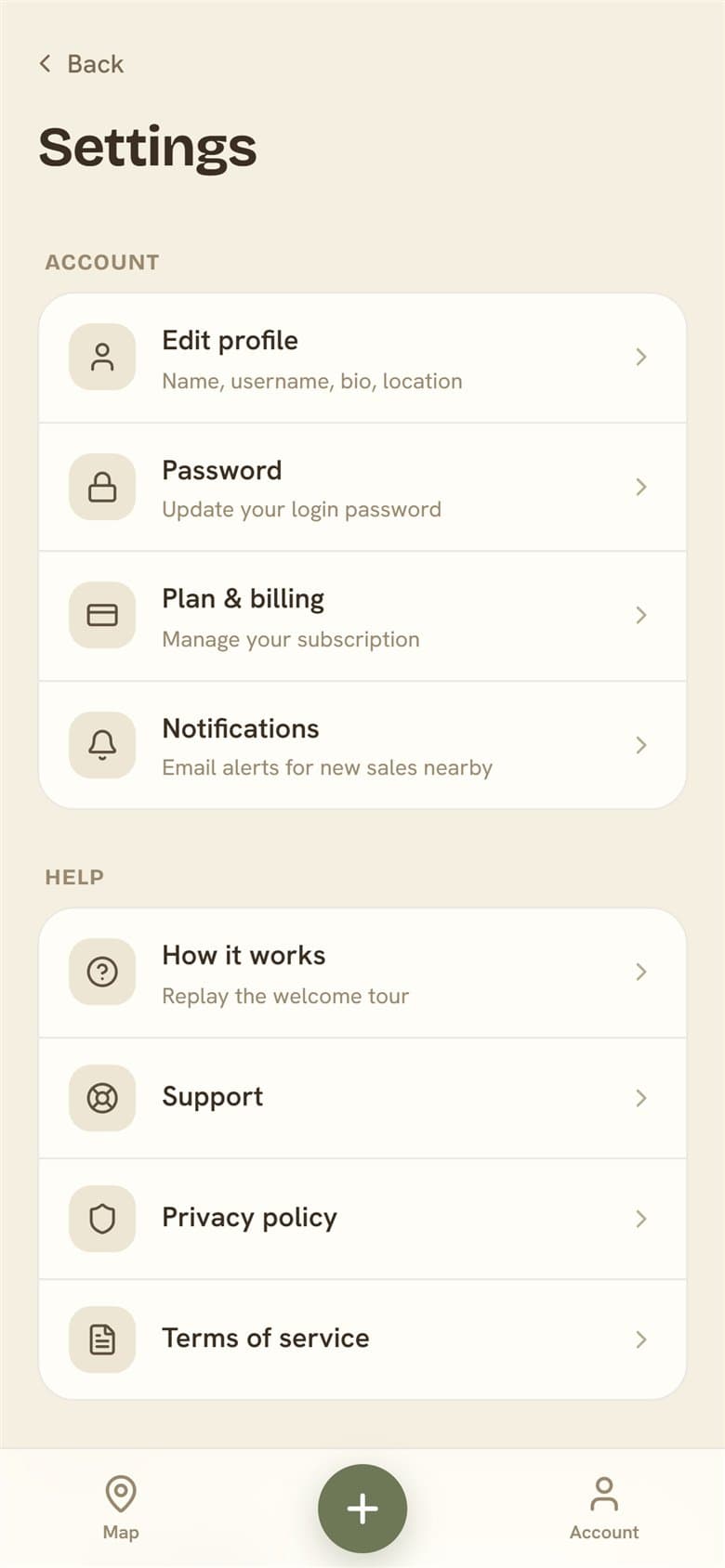 The Settings screen with account, help and session options